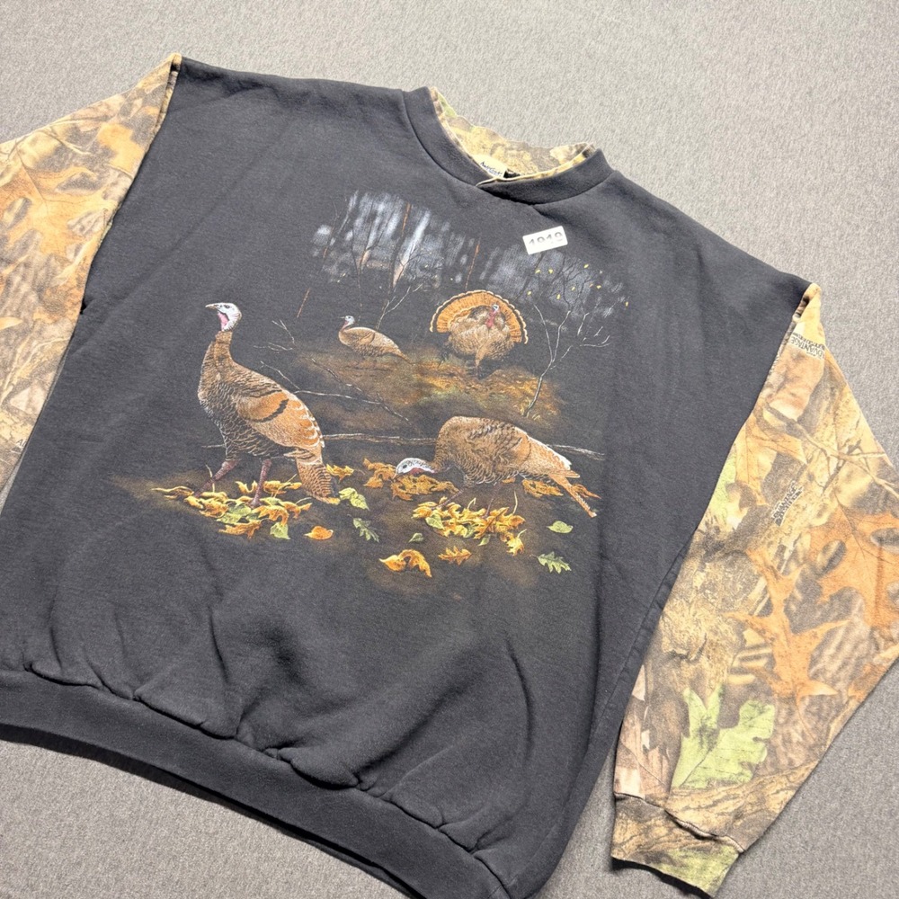 Vintage Artisans Mens Turkey Graphic Camo Sleeve Crewneck Sweatshirt Camo XL